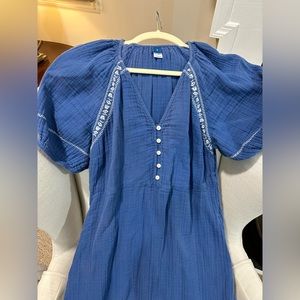 Blue midi dress with white embroidery; size M